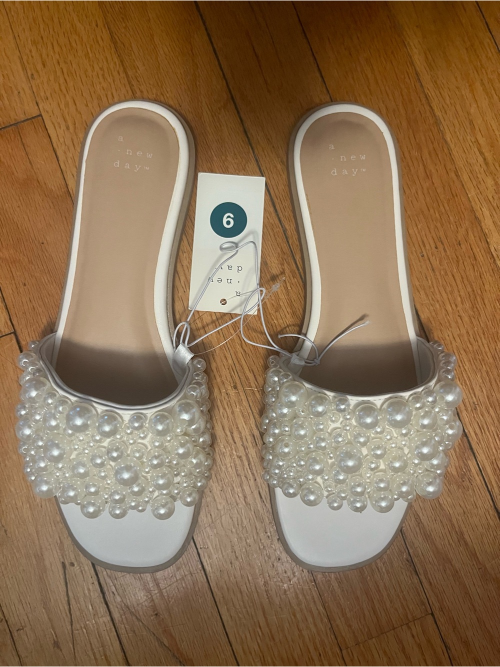 White Pearl-Embellished Slide Sandals - Picture 2 of 6
